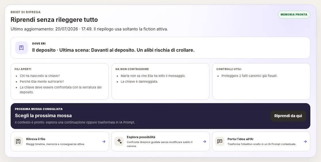 Area utente Fiction Maestro con Brief di ripresa della fiction attiva